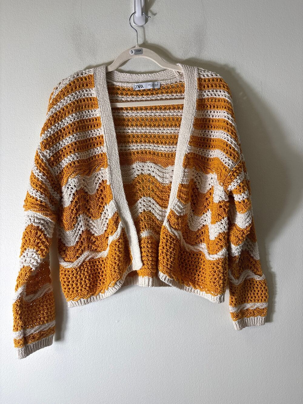 Zara Crochet Orange and Beige Stripe Open Cardigan Sz 6
